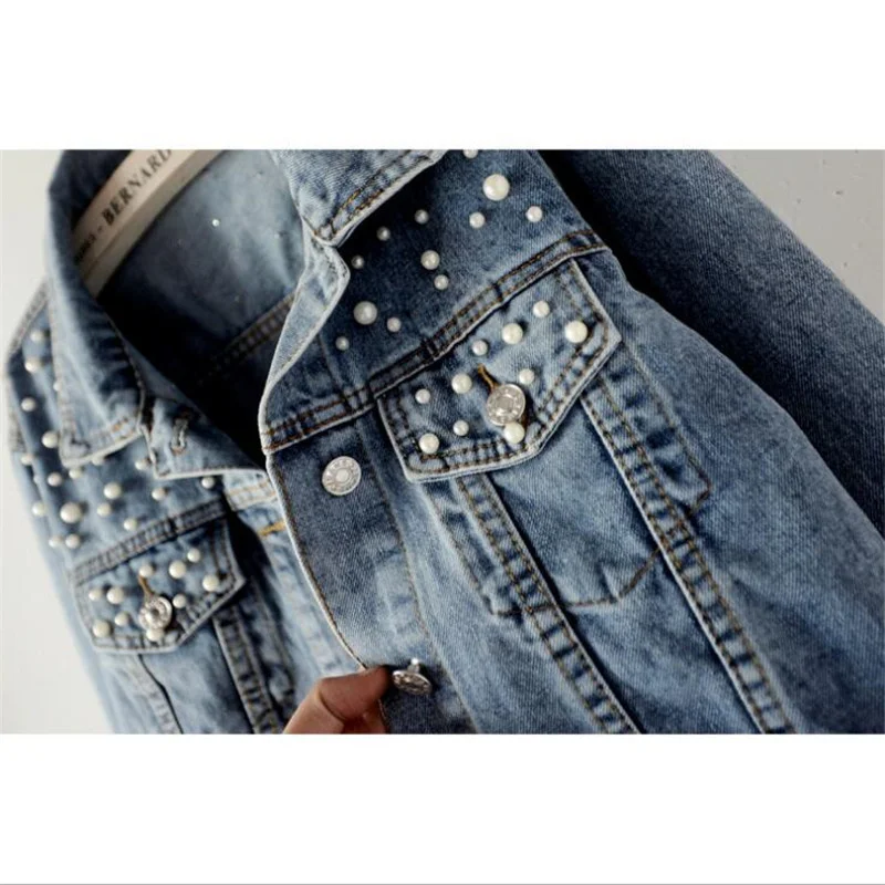 Beading Woman Denim Jacket 2023 Spring Autumn New Streetwear Rivet Long Sleeve Top Casual Beaded Pearls Loose Jeans Coat Clothes