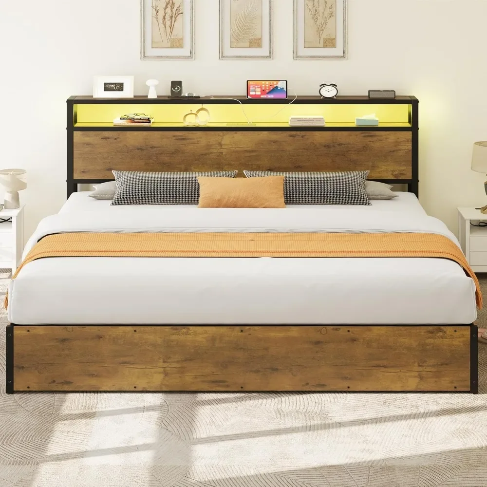 Lift Storage Bed Frame, King Size Bed Frame with 2-tier Storage Shelf Headboard, LED Light Platform Bed Frame with Charging