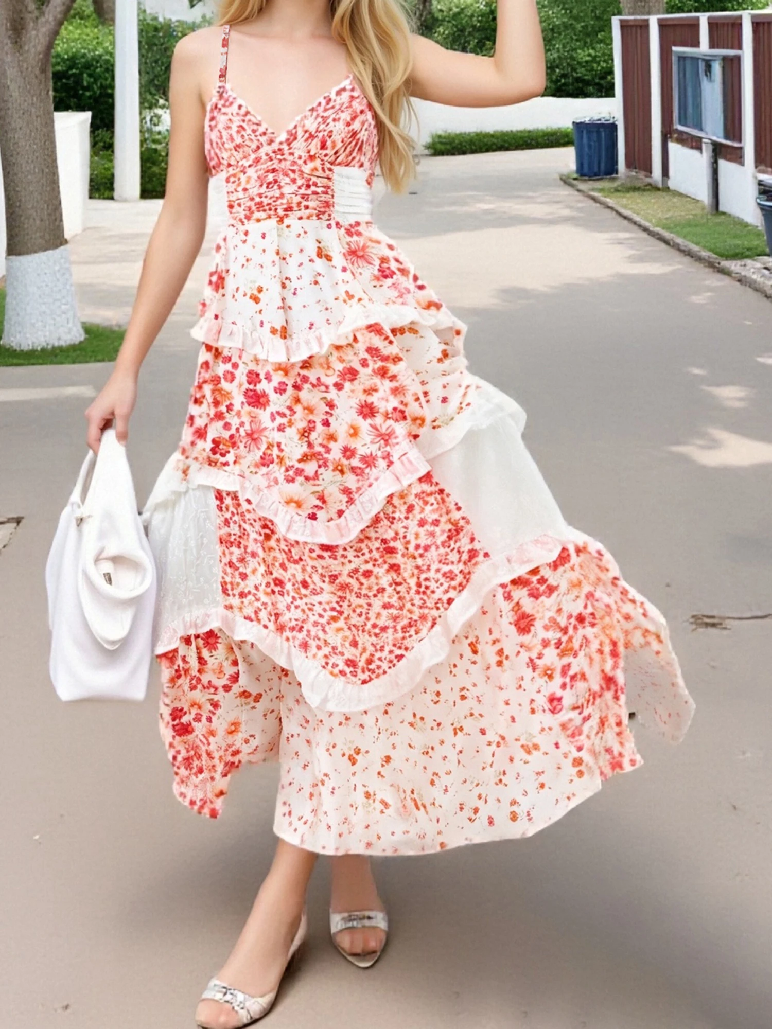 فستان نسائي طويل بوهو بطبعة زهور بدون أكمام ورقبة على شكل V مع ظهر مفتوح وحاشية متدفقة لحفلات الشاطئ الصيفية