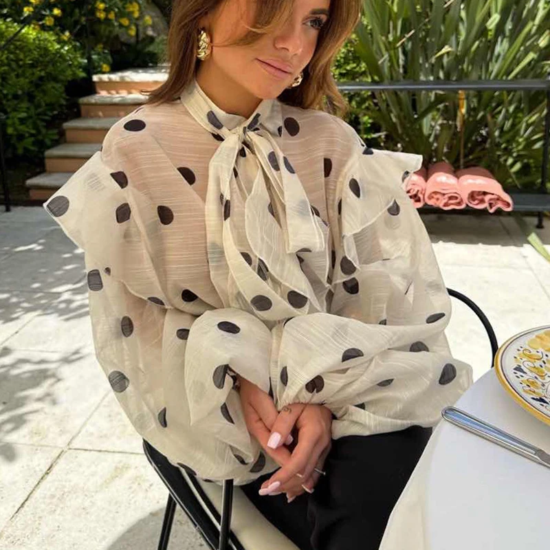 

Elegant Polka Dot Lace-up Chiffon Shirt Women High Neck See Through Ruffle Loose Daily Blouse 2026 New Lady Commute Party Tops