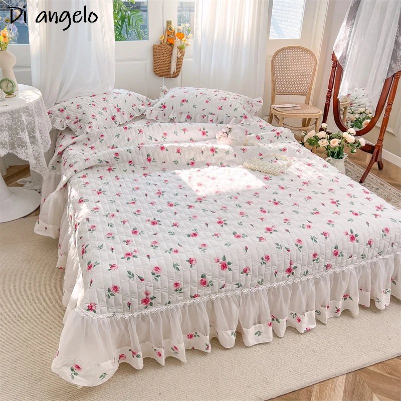 High Quality Organza Cotton Thicken Bed Cover Quilted Princess Lace Bed Skirt Bed Sheet Bedspread Mattress Cover Pillowcases #/