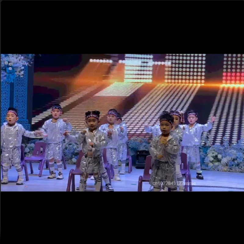Costume da spettacolo di danza di strada per bambini, paillettes di danza jazz, costume da spettacolo di danza di strada hip-hop per ragazzi e ragazze