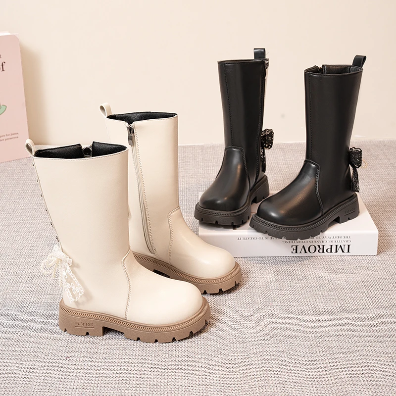 Back Beaded Bowknot Leather Boots for Girls 2026 New Winter Toddler Chunky Mid-calf Boots Non-slip Classic Christmas Party Boots