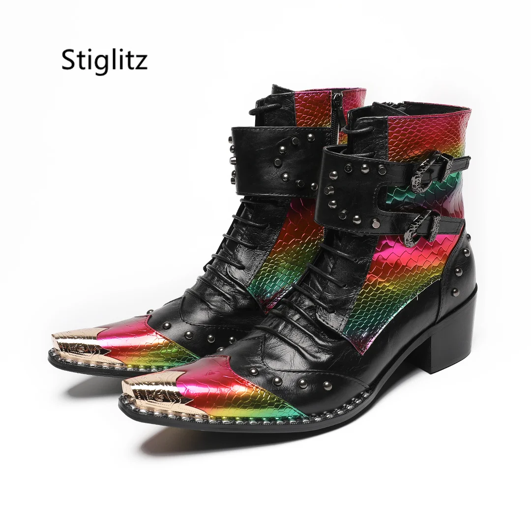 

Mixed Colors High Heeled Men's Boots Genuine Leather Metal Pointed Toe Rivet Ankle Boots Belt Buckle Side Zipper Male Shoes