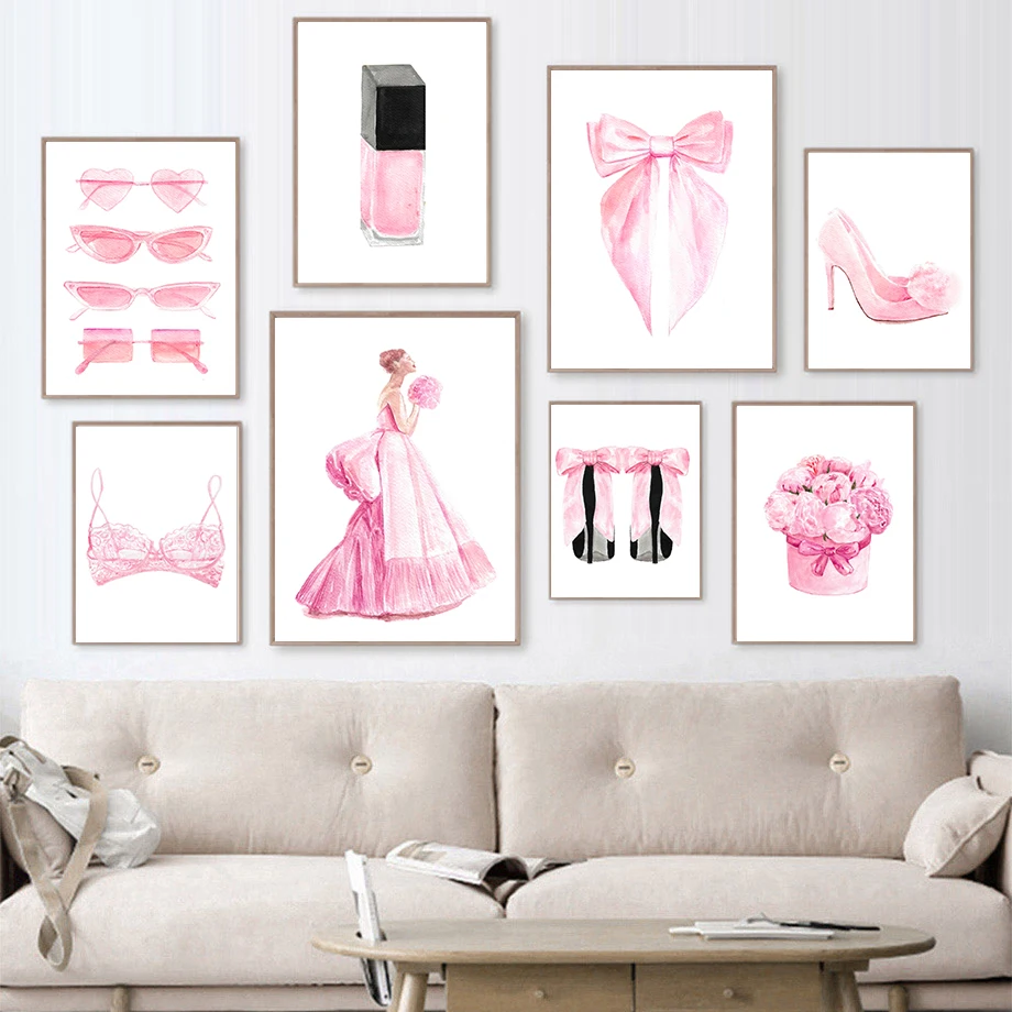 Pink Watercolor Luxury Fashion Make Up Room Wall Art Set Wall Art Canvas Painting Nordic Poster Home Living Room Decor