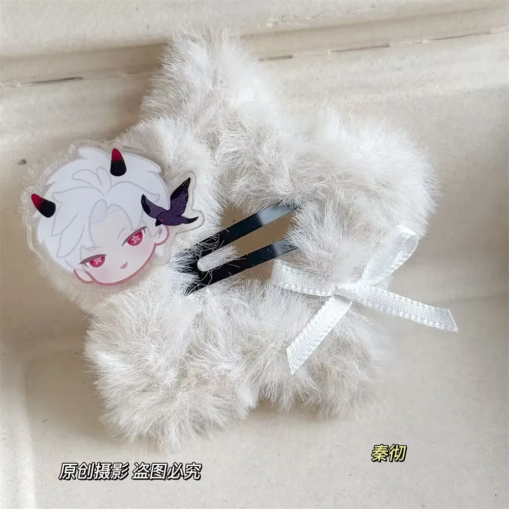 "Love and Deep Space" cute plush star-shaped hairpin with a bow, Qi Yu, Shen Xinghui, Qin Che, side bangs in an Instagram style