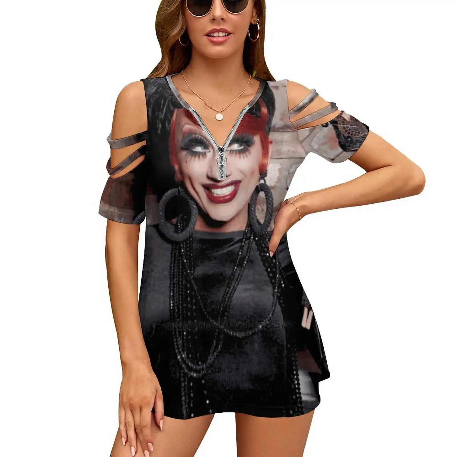 Bianca Woman Tshirts Printed Tops Zipper V-Neck Top Fashion Graphic T Shirt Rupauls Drag Race Rpdr Drag Race Power Reality Show