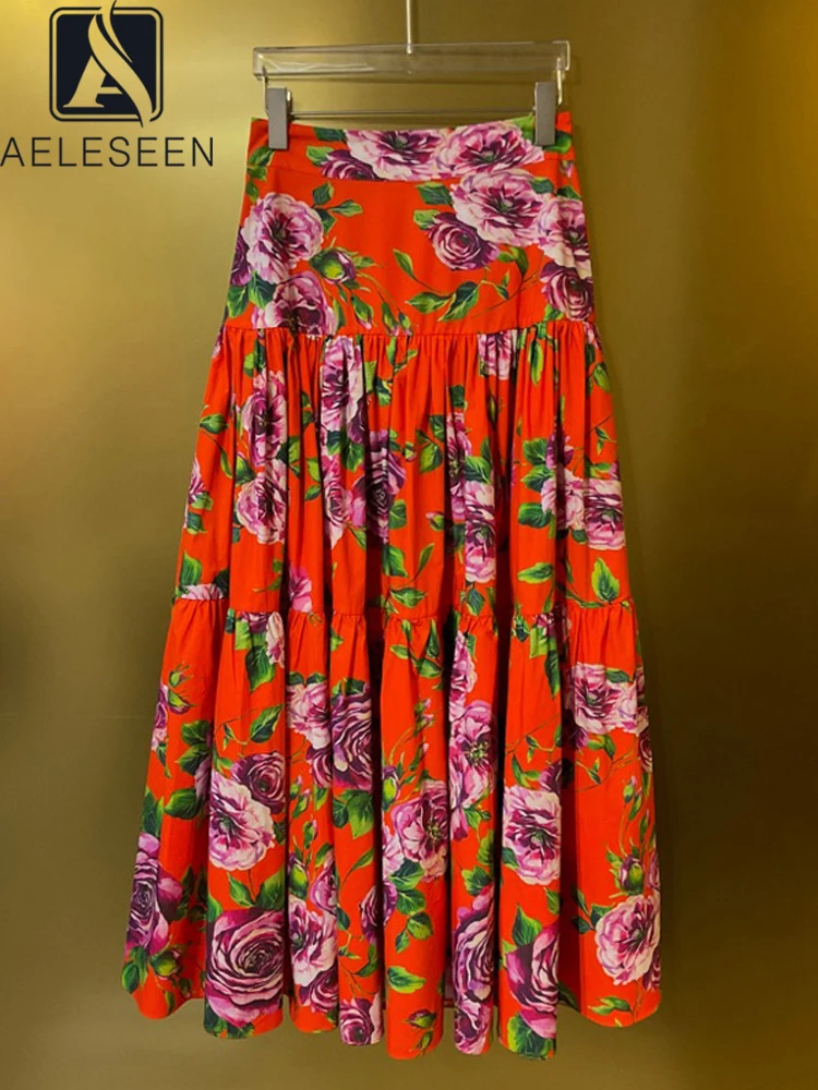 AELESEEN Fashion Designer Spring Summer Cotton Skirt Women High Waist Red Flower Print Sicilian Party Ankle-length Poplin