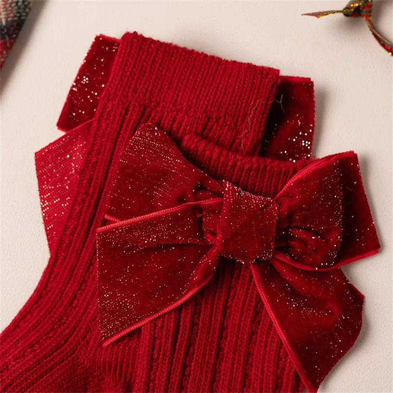 2 Paar/Set Weihnachts-Kniestrümpfe für Kleinkinder und Kinder, Mädchen, niedliche große Schleife, Neujahrs-Baumwoll-Langsocken, weiche warme Beinwärmer – Detail 9