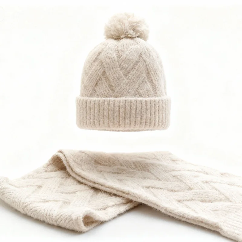 Conjunto de duas peças de cachecol de chapéu de malha, inverno com chapéu de lã de mistura de lã grossa e quente, proteção para os ouvidos, versátil e rosto pequeno