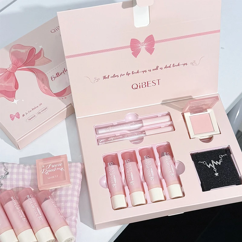 QIBEST 7Pcs Multipurpose Makeup Sets 4PCS Matte Liquid Lipstick,1 Lip Cream,1 Lip Oil,1 Face Blush Palette And Necklace Gift