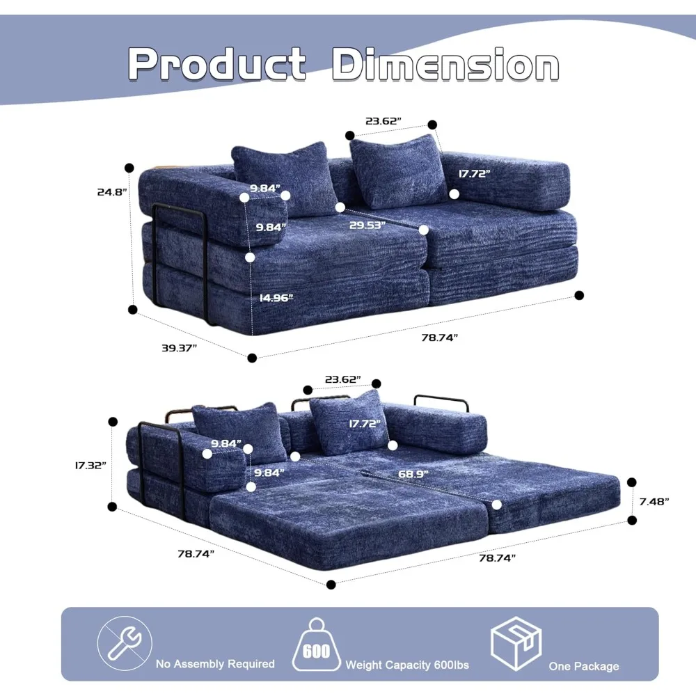 سرير أريكة قابل للطي مقاس 78.74 بوصة، كرسي نوم قابل للتحويل مع وسادة مرتبة قابلة للطي مع دعم خلفي، سرير محمول مريح للأرضية