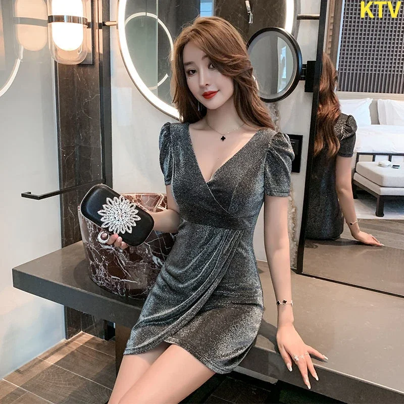 

Nightclub women's V-neck low-cut slim sexy dress chestless temperament thin KTV short skirt night club overalls maxi dresses