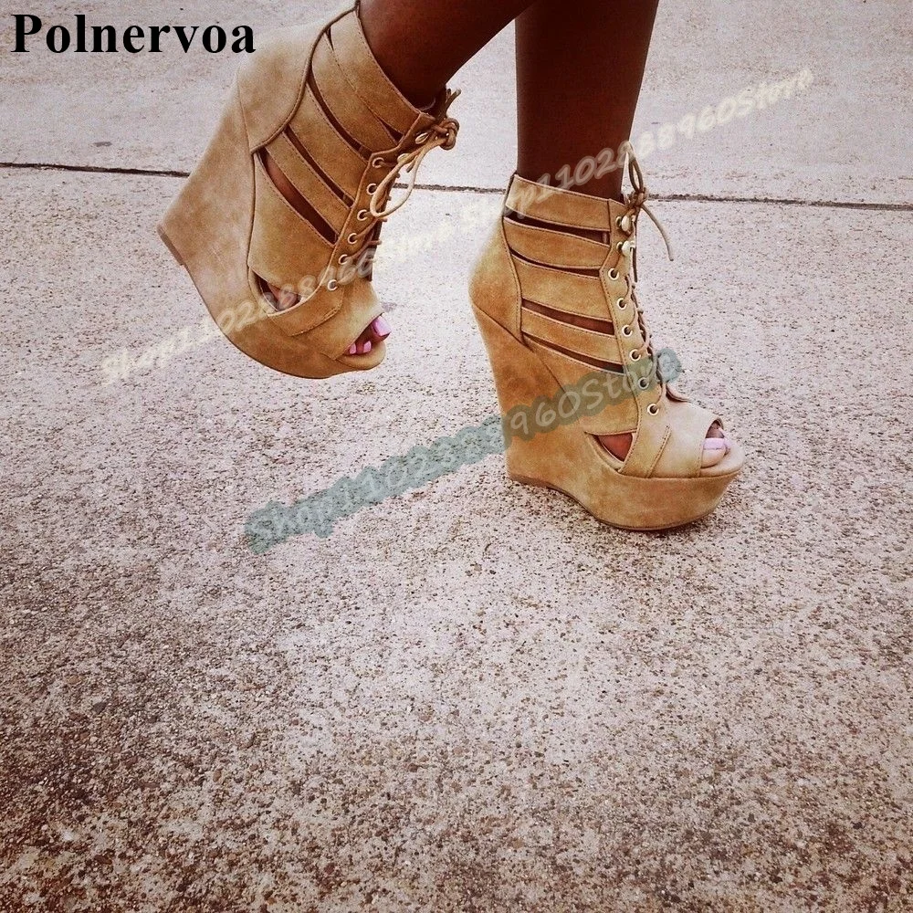 Retro Style Brown Platform Sandals Wedges High Heel Shoes For Women Cross Tied Peep Toe Casual Occidental Style Women Sandals