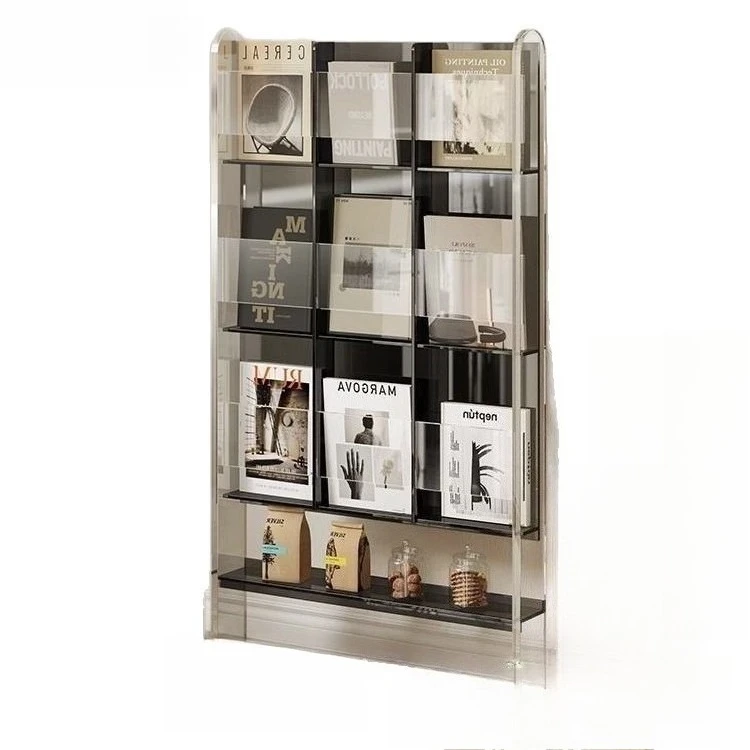 

acrylic floor-to-ceiling transparent bookshelf, living room storage, newspaper storage light luxury magazine rack