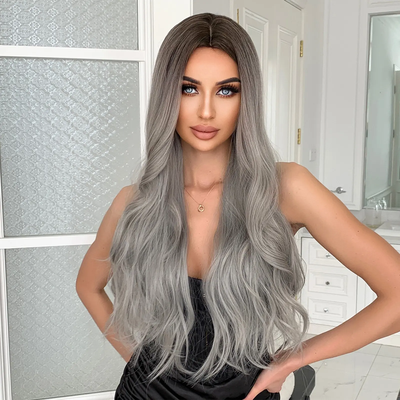 Silver Ash Gray Long Wavy Synthetic Wigs Lolita Cosplay Natural Hair Wigs for Women Party Daily Heat Resistant Middle Part