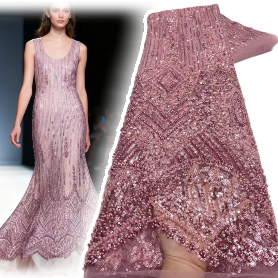 Luxury African Lace Fabric 2026 High-Quality French Nigerian Sequined Beaded Lace Fabric Suitable for Party Dresses 5Yards 1892