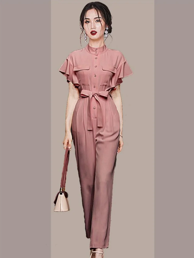 

SMTHMA 2025 New Spring/Summer Korean Style Elegant Solid Jumpsuit Women's Lace Up Waist OL Style Commuter Rompers
