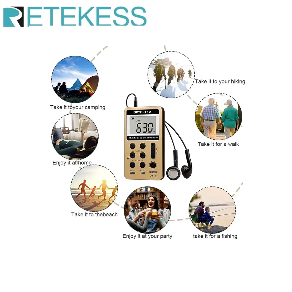 Retekess V112 Radio Mini Pocket Radio Receiver Portable Radios AM FM Rechargeble Sleep Time Earphone For Walkman Go Hiking