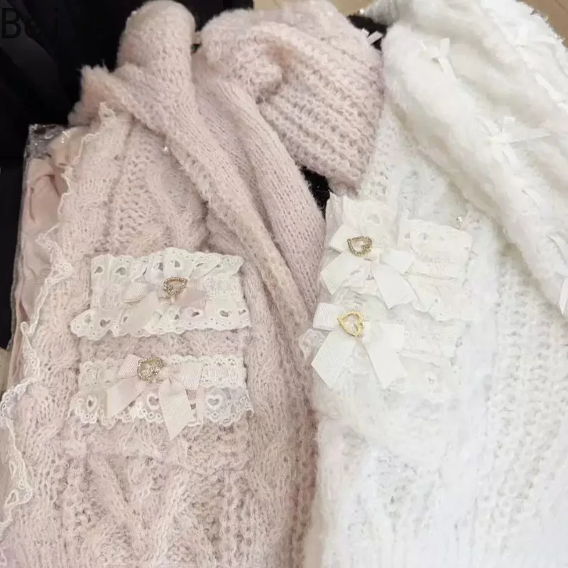 Japanese Spring Autumn Cardigan for Women Sweet Cute Knitted Sweater Jacket Female Ruffle Lace Bow Oversized Long Cardigan