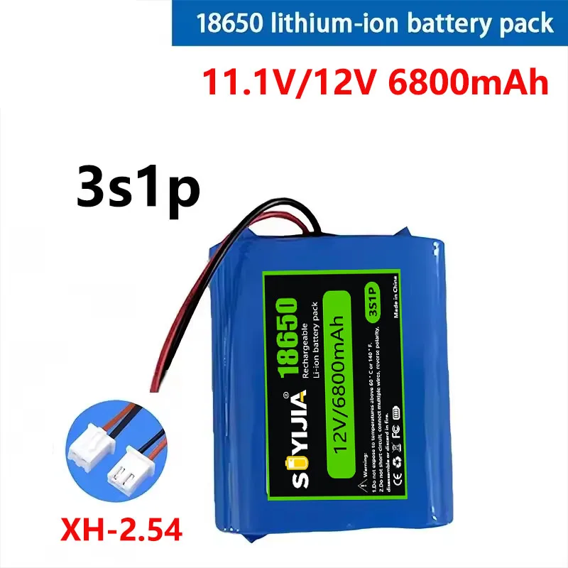 100%New 12V Battery 12.6V/11.1V 6800mAh 3S1P Lithium-ion Battery Pack W/ BMS for Backup Power Ups CCTV Camerar Speaker Bluetooth