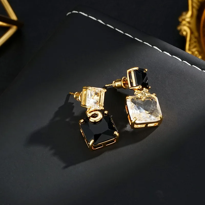 Digital zircon stud earrings s925 silver needle light luxury asymmetric earrings fashion light luxury earrings