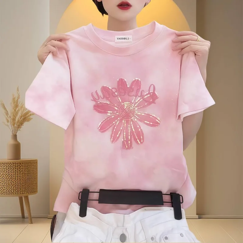 New Summer Korean Elegant Women's Blouse High End Fashion Loose Sequin Print Short Sleeved O-neck Solid Color Top Office Lady