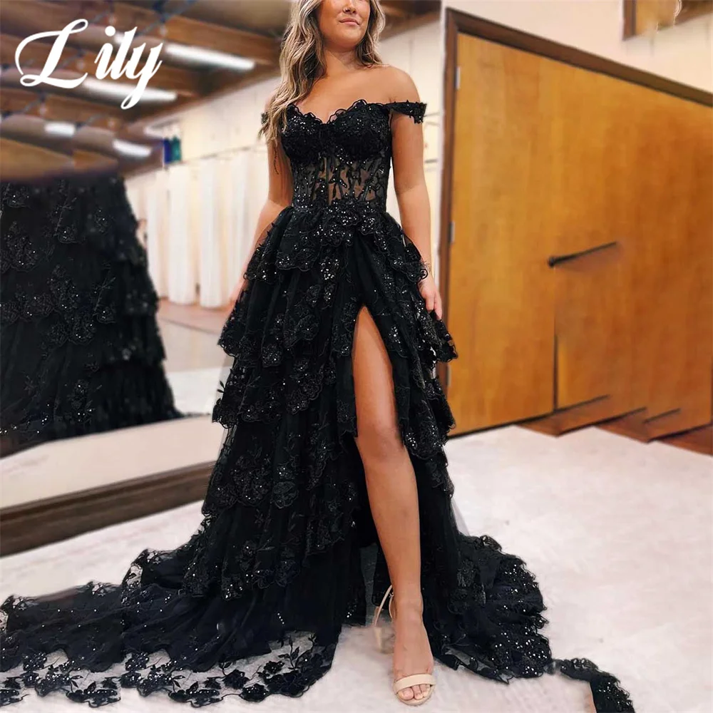 

Lily Black A Line Formal Dress Tiered V-Neck Party Dress with Pleat Applique Off The Shoulder Special Occasion Dress robe soirée