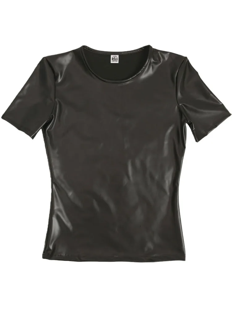 Faux Latex Elastic PU Leather Short Sleeve T Shirt Men Fitness Gym Athletic Tshirt Hot Shapers Bodybuilding Motorcycle Top Tees