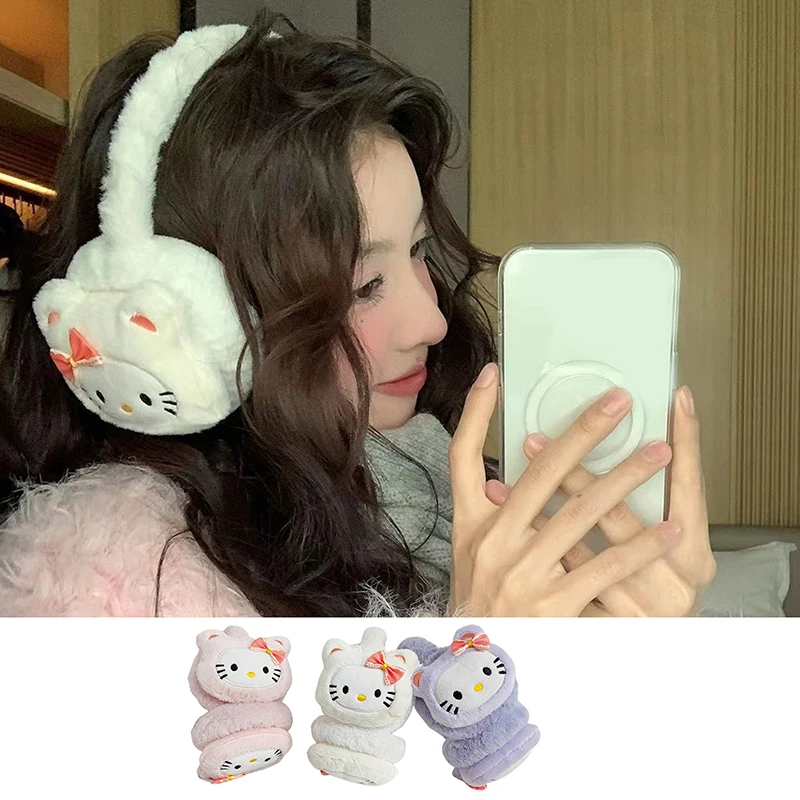 Kawaii Sanrio Hello Kitty Ear Warmer Cute Cartoon Autumn Winter Collapsible Anti-Freeze Plush Ear Muffs Girlfriend Winter Gift