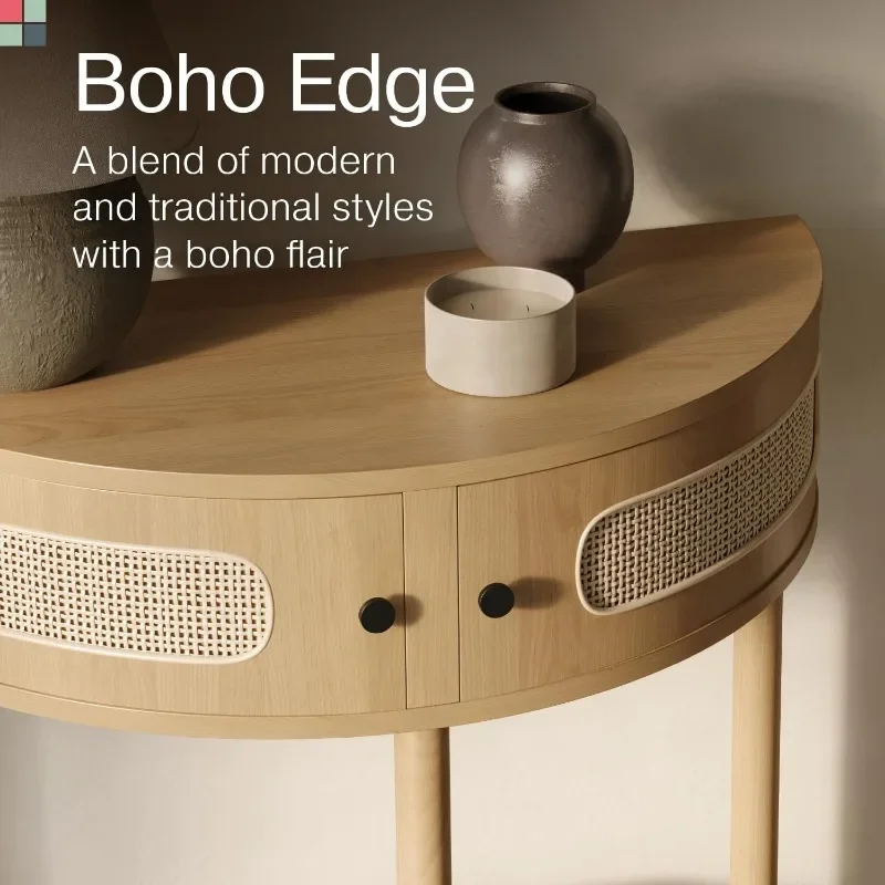 Rattan Half Moon Entry Table - Small Console Table with Storage for Narrow Spaces - Modern Boho Home Decor - Cane Console Table