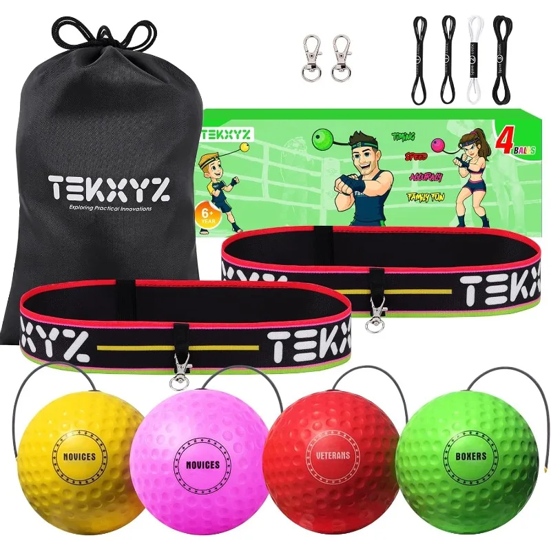 

TEKXYZ Boxing Reflex Ball Family Pack, 4 Different Boxing Ball with Headband, Perfect for Reaction, Agility, Punching Speed, Fig