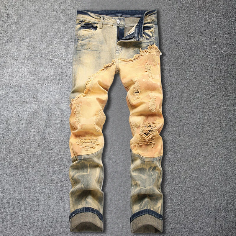 

Men Distressed Splice Hip Hop Jeans America Ripped Jean Men Colored Split Hole Straight Barrel Micro Elastic Pant Men Slim Jean