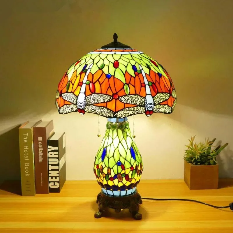 TEMOU lampa stołowa Tiffany amerykański Retro salon lampka do sypialni luksusowa willa hotelowa lampa witrażowa szklane biurko