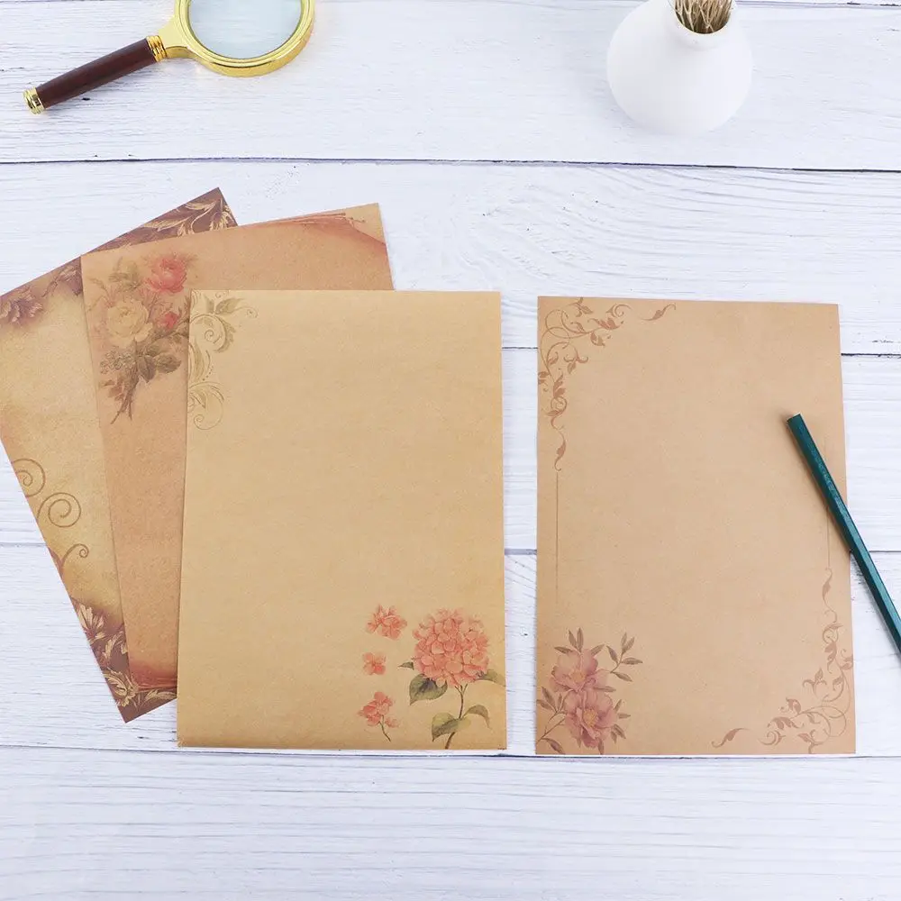 

Коричневая крафт-бумага Letterhead Блокнот для писем Блокнот для рисования Цветочный дизайн Бумага для писем Винтажная бумага для письма