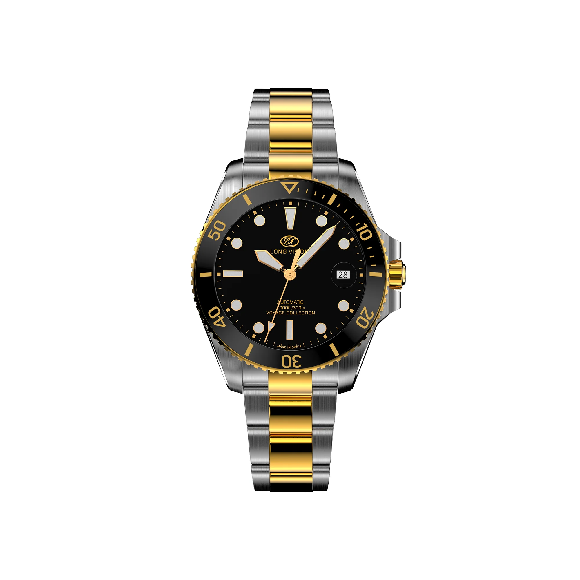 LONGVISION Automatic Watch, Two-Tone Bracelet, Ceramic Bezel, Sellita SW200 Movement, Super Luminous