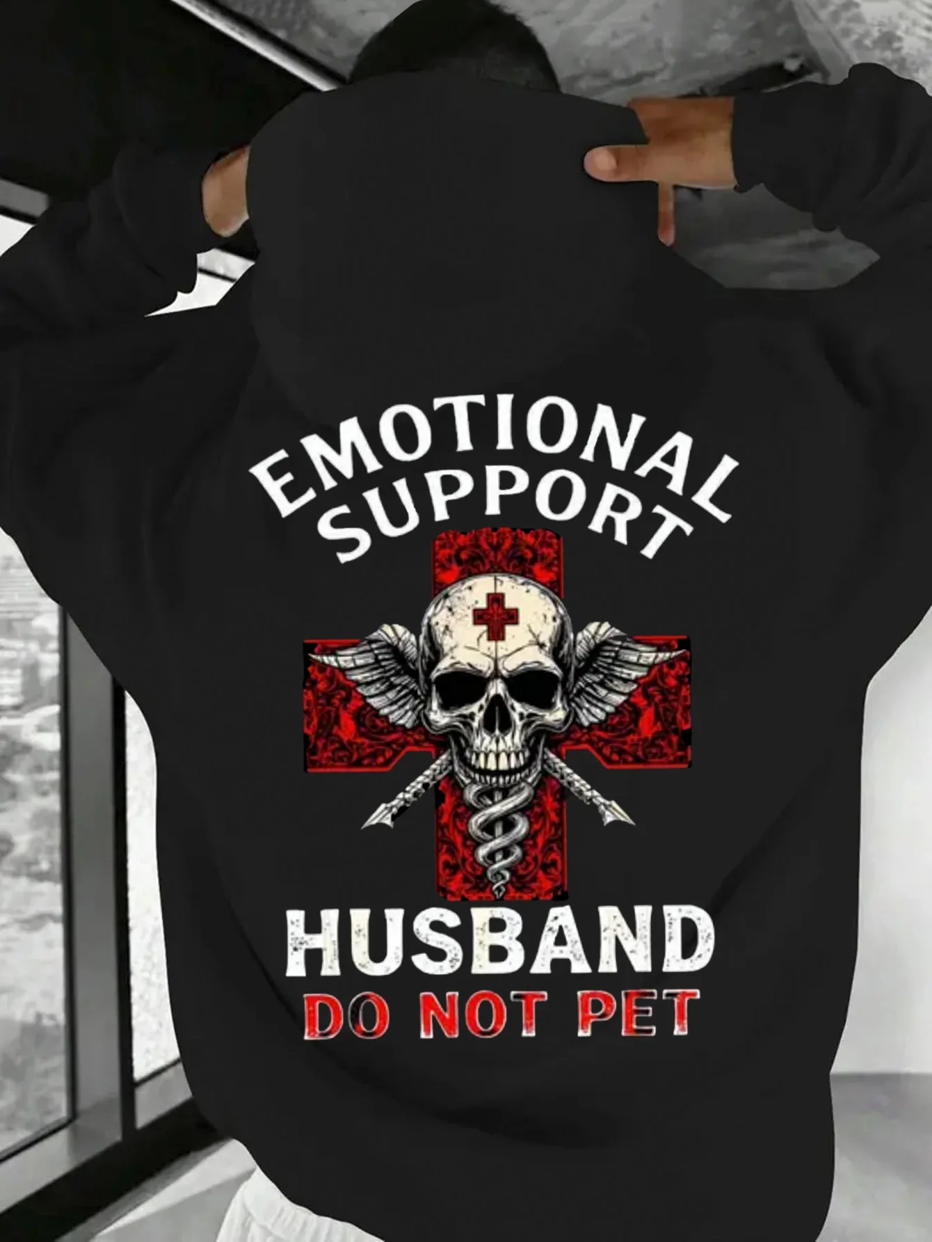 Men's Black Hoodie with Skull and Cross Design, Perfect for Humorous Marriage References This Pullover Is a Loving Gift from My Husband and Is an Ideal Anniversary Present for Autumn and Winter.