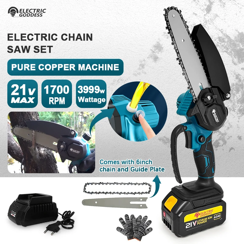 Electric Goddess 6 inch Cordless Portable Electric Chain Saw Handheld High Power with Three Blade Sizes for makita 18V Battery