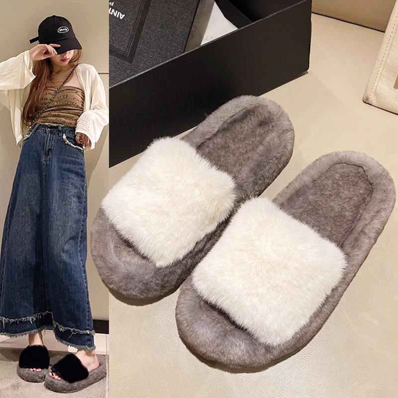 Fury slippers for women wearing fashionable oversized home insulation upper, otter rabbit hair slippers for Women