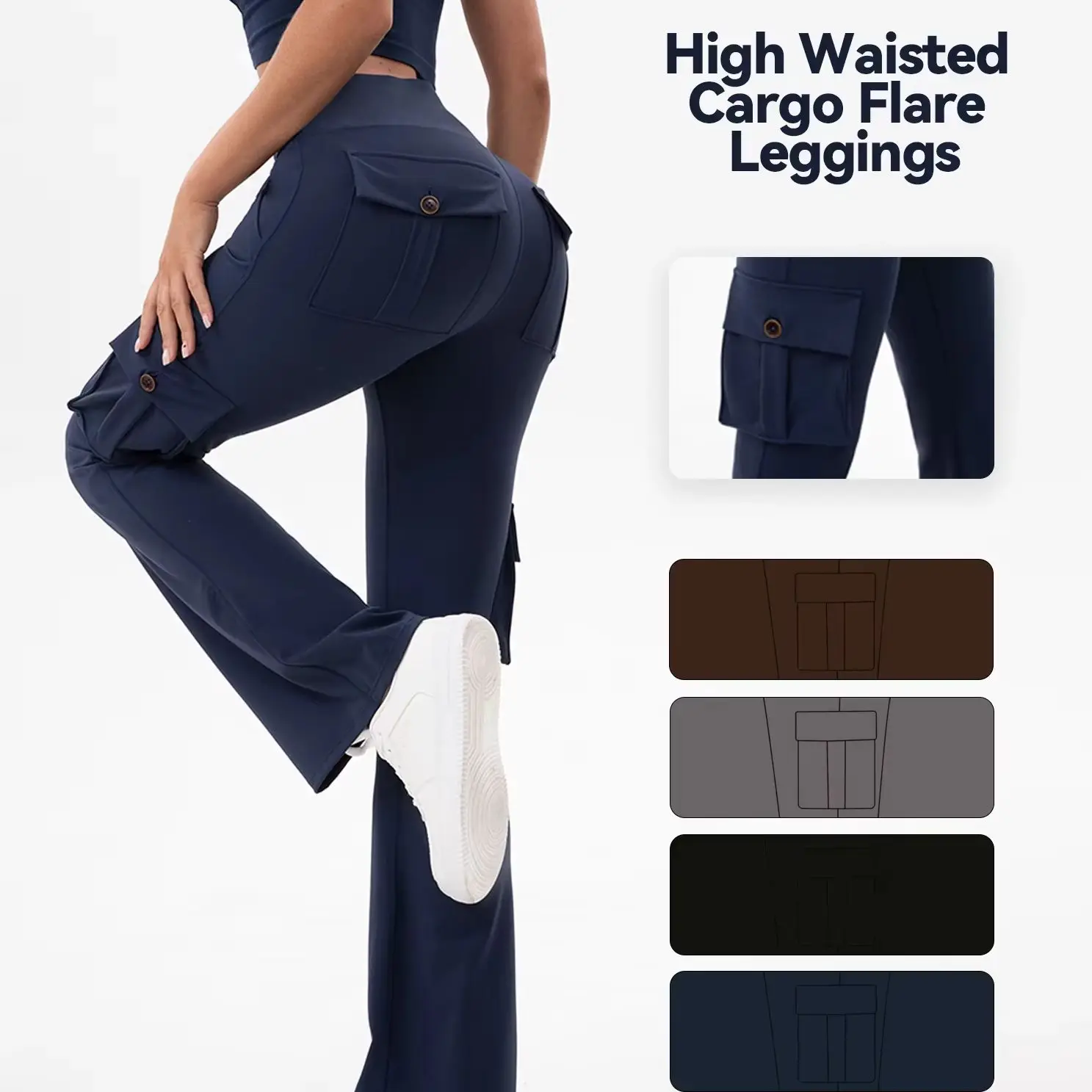 High Waist Cargo Flare Yoga Pants Women Multi‑Pocket Button Design Butt Lifting Stretch Quick Dry Workout Flare Leggings