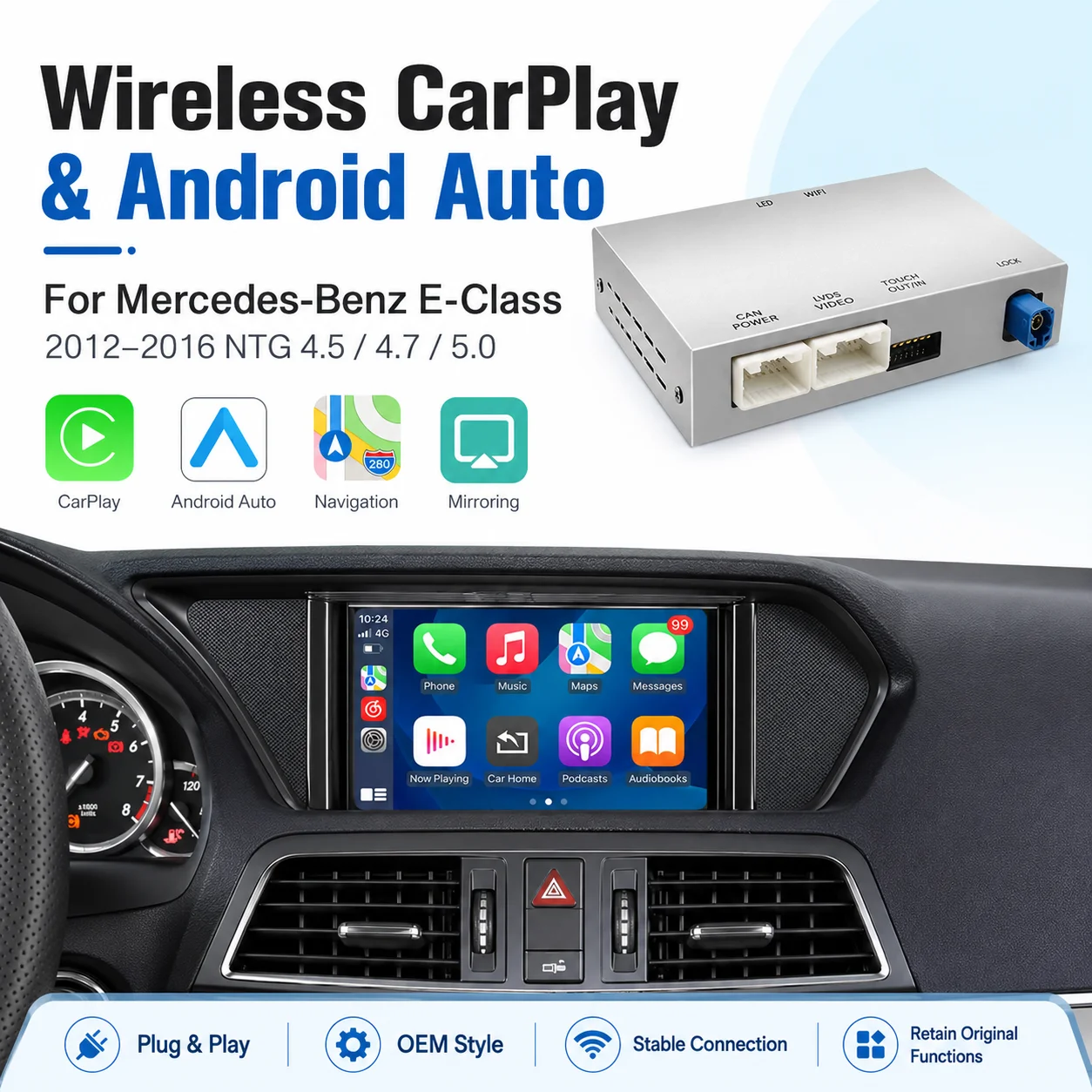 Wireless CarPlay Android Auto Module For Mercedes Benz E-Class W212 E Coupe C207 2012-2016 NTG4.5 System Decoder Box AirPlay MirrorLink Navigation Bluetooth WiFi USB Multimedia Upgrade