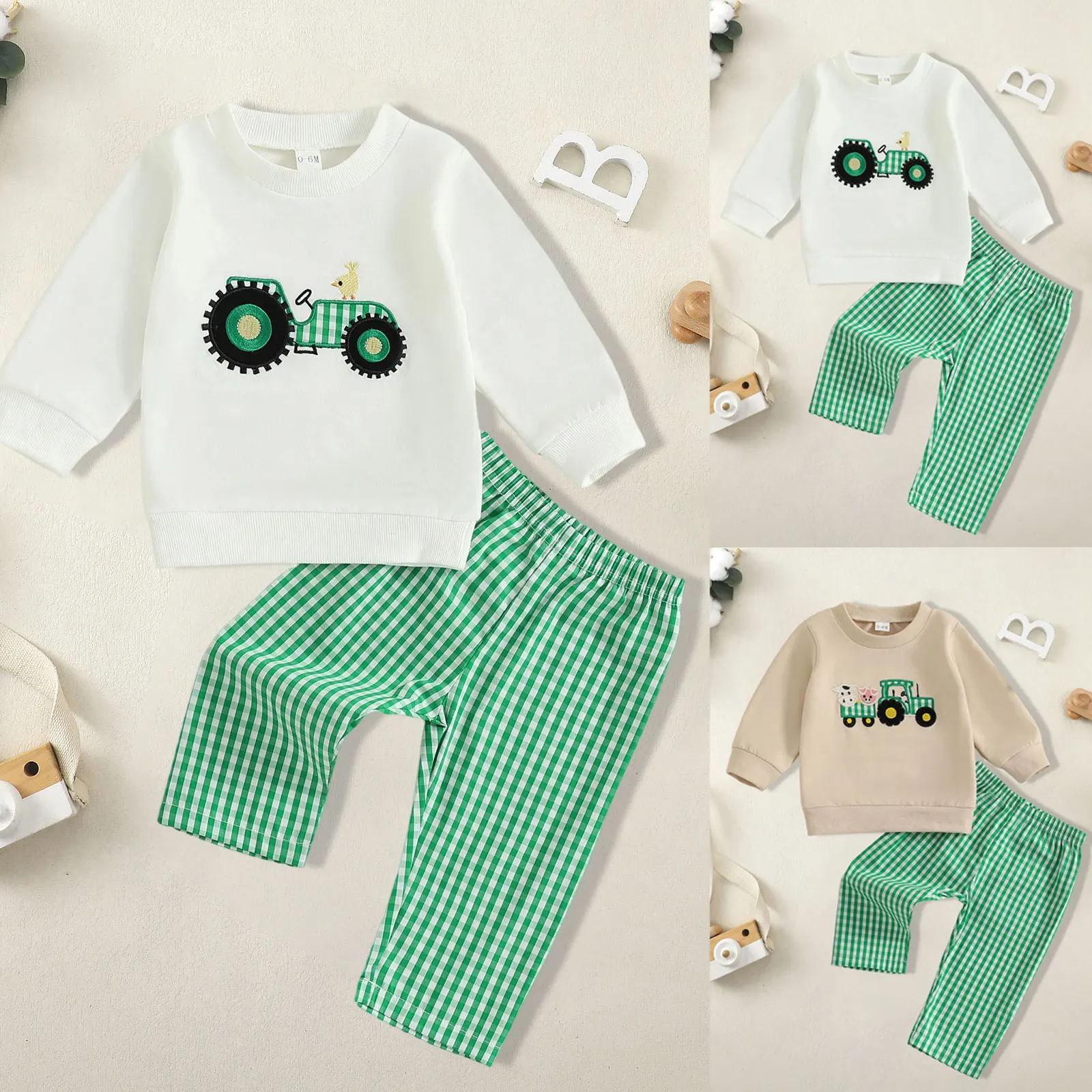 

Baby Boy Autumn Winter Outfit Set Comfortable Breathable Tractor Print Sweatshirt Checkered Pants Casual Two Piece Set Kids Sets