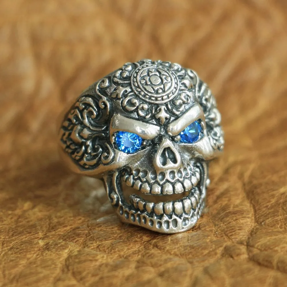 Details Blue CZ Eyes 925 Sterling Silver High Skull Ring Biker Punk Jewelry TA126 US Size 7~15 BZ
