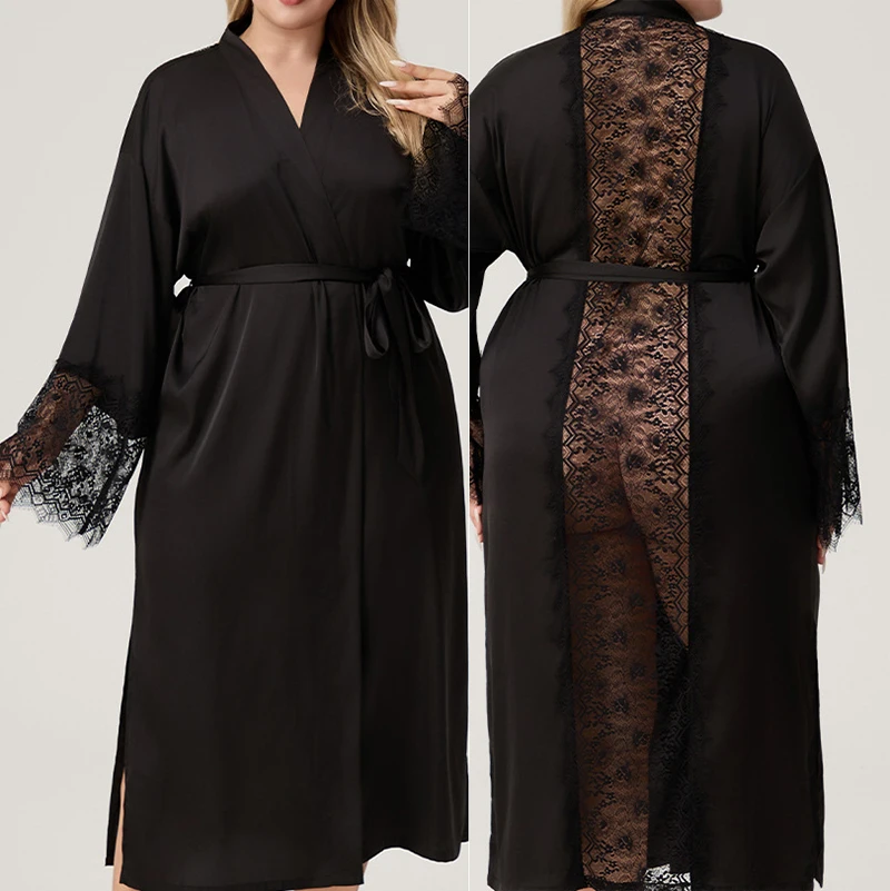 

Big Size Female Long Robe Home Dress Sexy Patchwork Lace Kimono Gown Bathrobe Sleepwear French Minimalist Style Rayon Loungewear