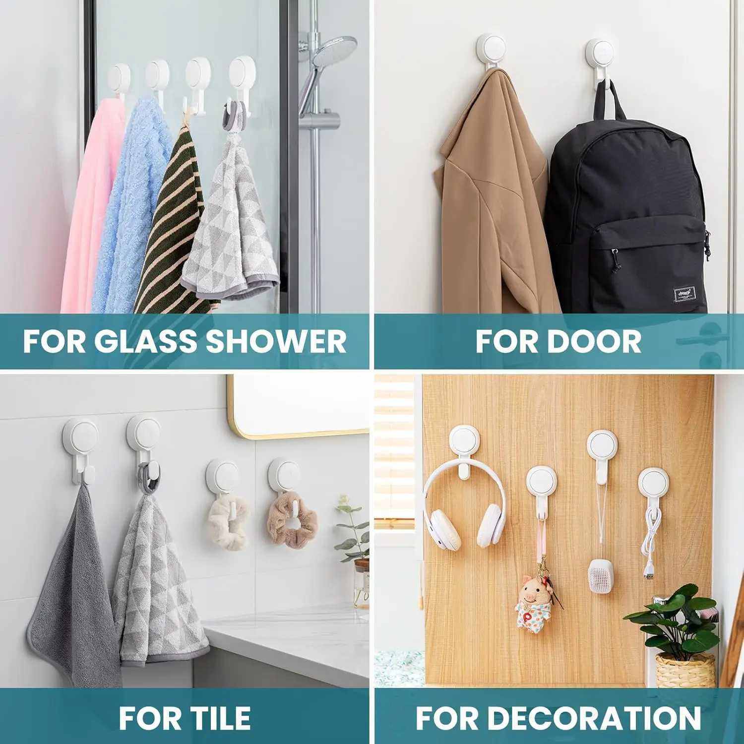 TAILI Suction Cup Hooks 4pcs Heavy Duty Towel Hanger Easy to Install Shower Hanger for Bathroom Kitchen Hotel No Drilling Hooks