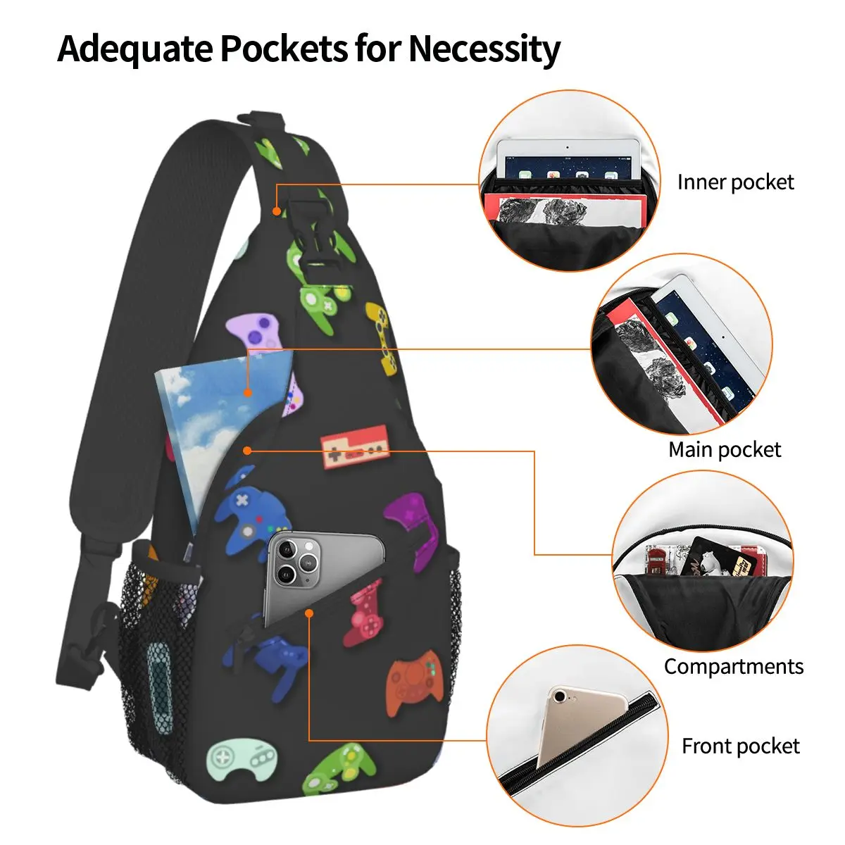 Video Game Controller Crossbody Sling Bag Pequeno Peito Bag Presente para Boy Gaming Ombro Mochila Daypack Caminhadas Viagem Ciclismo