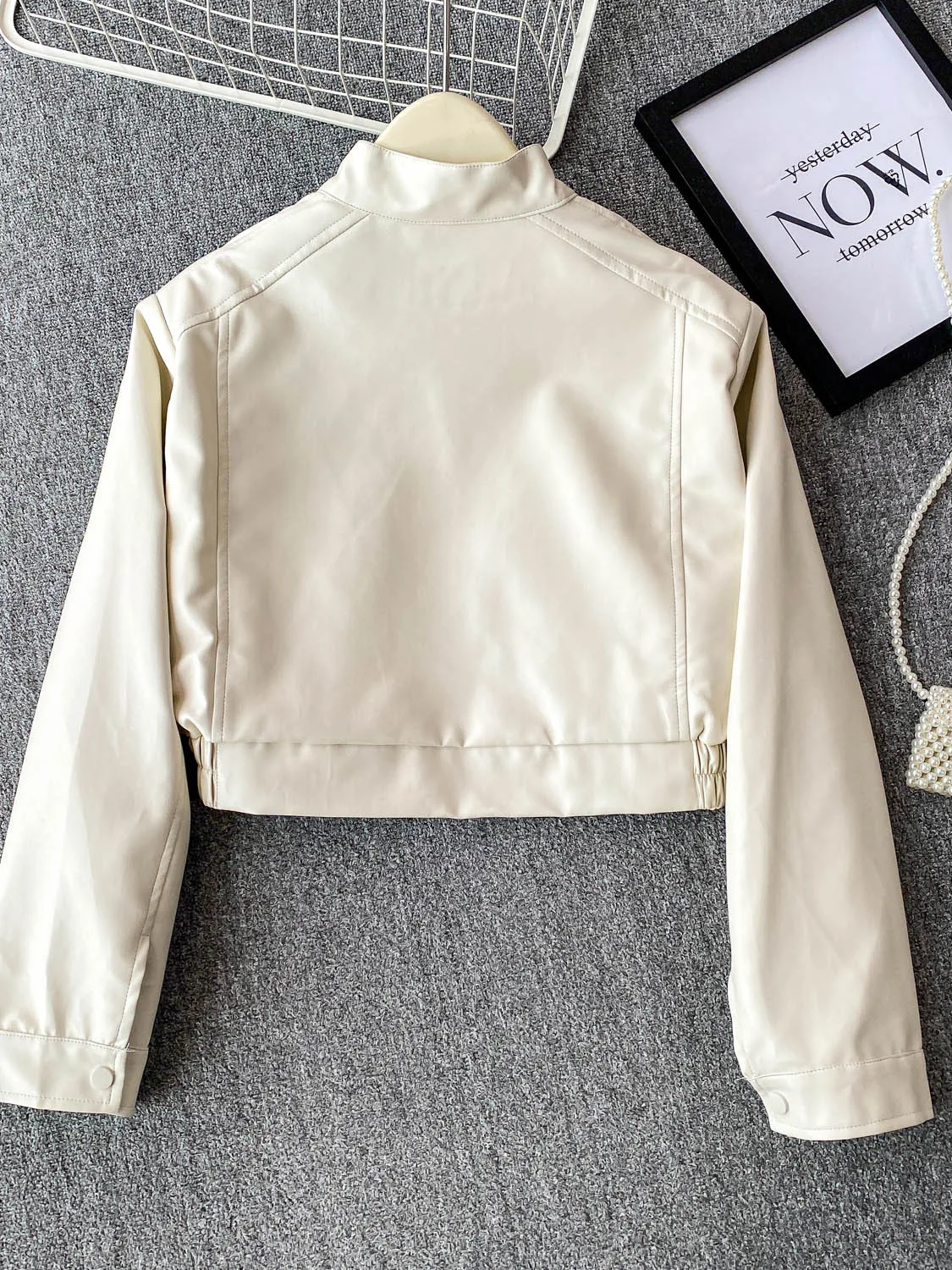 

Ele Zipper PU Leather ort Jaet Women's Autumn Winter Elastic Waist Stand Collar Street Sle Faion Casual Outerwear