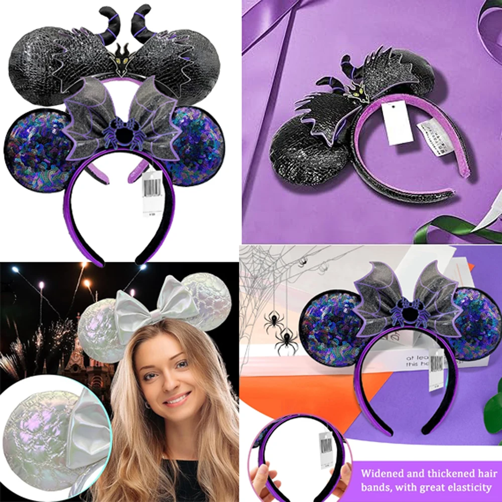 Disney Mickey Mouse Ear Bow Headbands Purple Blacke Spider Bow Hairbands Hair Accessories Party Holiday Halloween Cosplay Costum