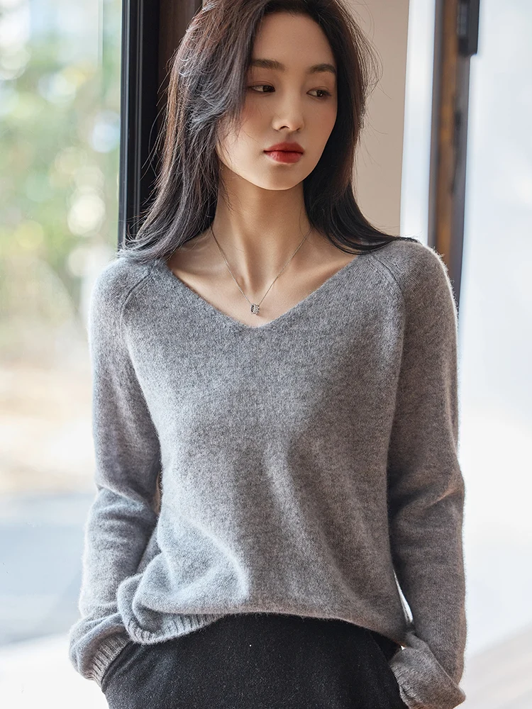 

Basics Spring Summer Women Sweater 100% Merino Wool V-Neck Knitted Pullover Casual Solid Long Sleeve Clothing Tops Soft Jumper