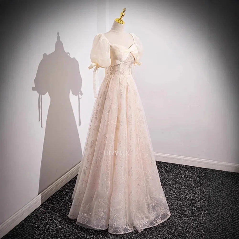 الشمبانيا الأزهار فساتين السهرة الكرة ثوب أنيق صورة حقيقية نفخة الأكمام يزين الدانتيل متابعة فستان رسمي بسيط كوريا فستان الزفاف